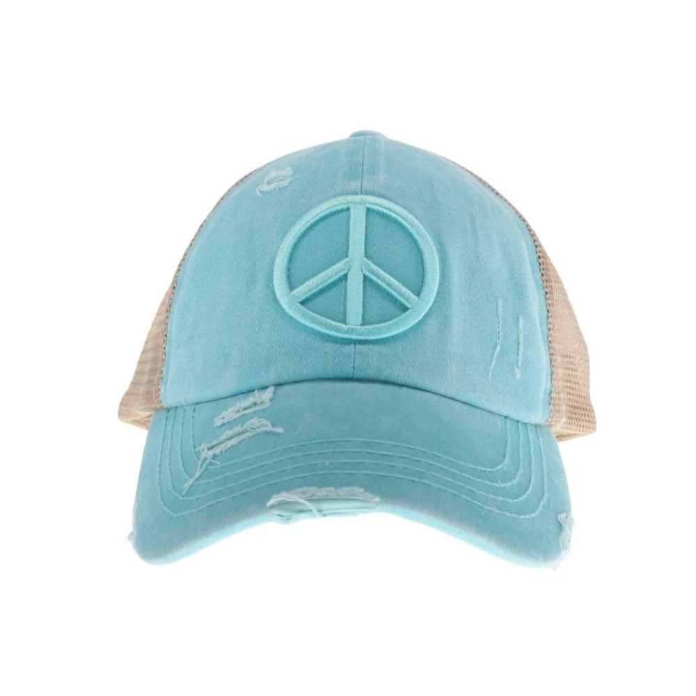 #703-L Distressed Embroidered Peace Sign Criss Cross High Pony Ball Cap Hat